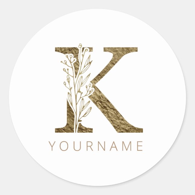 Floral Monogram K Elegant Gold Foliage Classic Round Sticker (Front)
