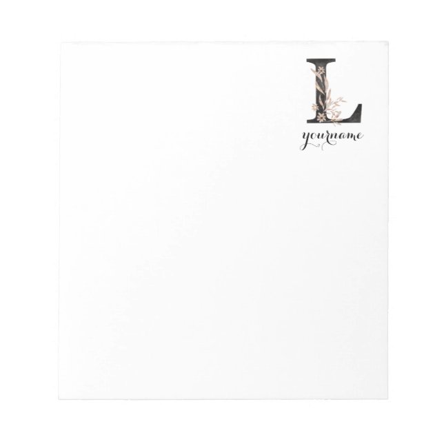 Floral Monogram L Black Gold Flora Notepad (Front)