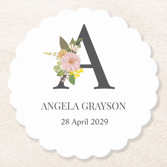 Floral Monogram Letter A Custom Name and Date  Paper Coaster (Front)