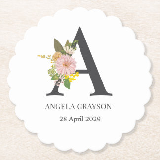 Floral Monogram Letter A Custom Name and Date Paper Coaster
