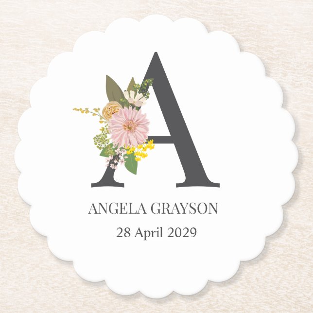 Floral Monogram Letter A Custom Name and Date  Paper Coaster (Front)