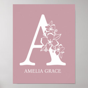 Floral Monogram Letter A Name Nursery Modern Poster