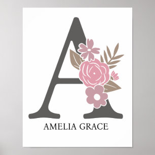 Floral Monogram Letter A Name Nursery Modern Poster