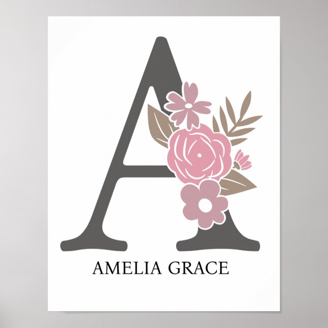 Floral Monogram Letter A Name Nursery Modern  Poster (Front)