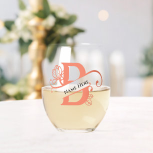 Floral Monogram Letter B Add Name Change Colour Stemless Wine Glass