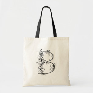 Floral Monogram Letter B Reusable Canvas Tote Bag