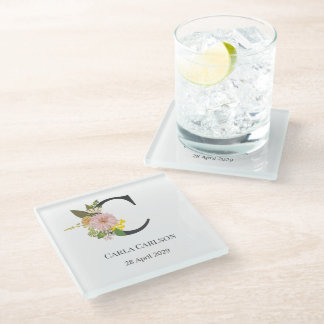Floral Monogram Letter C Custom Name and Date Glass Coaster