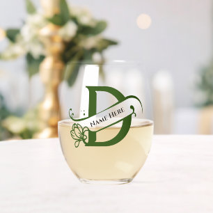 Floral Monogram Letter D Add Name Change Colour Stemless Wine Glass