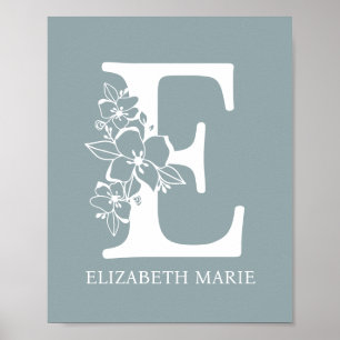 Floral Monogram Letter E Name Nursery Modern Poster