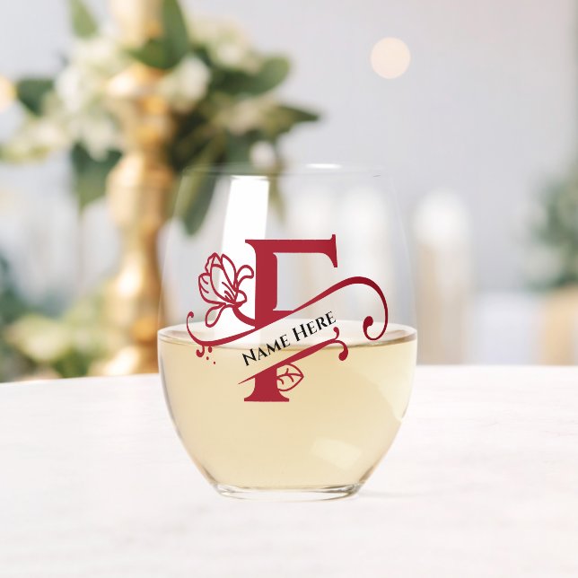 Floral Monogram Letter F Add Name Change Colour  Stemless Wine Glass (Insitu (Wedding))