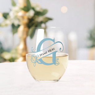 Floral Monogram Letter G Add Name Change Colour Stemless Wine Glass
