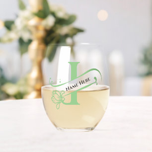 Floral Monogram Letter I Add Name Change Colour Stemless Wine Glass