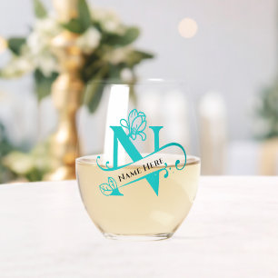 Floral Monogram Letter N Add Name Change Colour Stemless Wine Glass