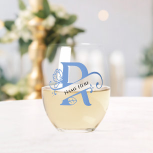 Floral Monogram Letter R Add Name Change Colour Stemless Wine Glass