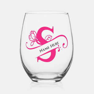 Floral Monogram Letter S Add Name Change Colour Stemless Wine Glass