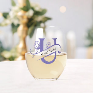 Floral Monogram Letter U Add Name Change Colour Stemless Wine Glass