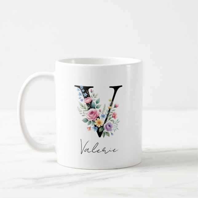  Floral Monogram – Letter V Coffee Mug (Left)