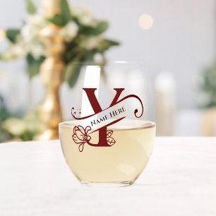 Floral Monogram Letter Y Add Name Change Colour Stemless Wine Glass
