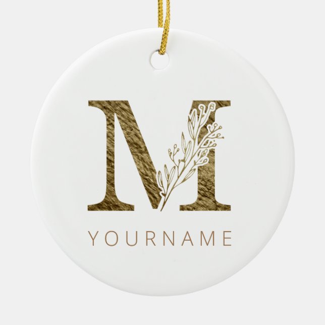 Floral Monogram M Elegant Gold Foliage Ceramic Tree Decoration (Front)