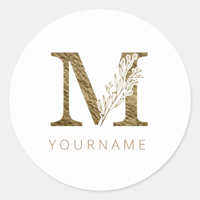 Floral Monogram M Elegant Gold Foliage Classic Round Sticker (Front)