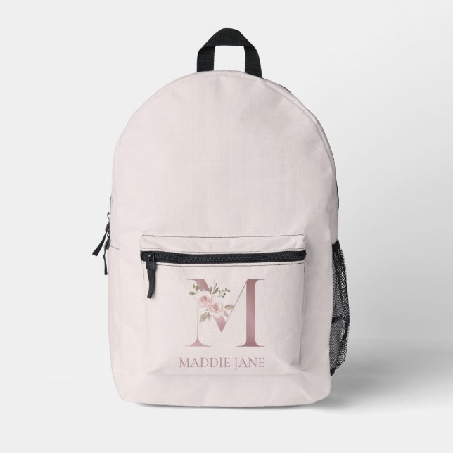 Floral Monogram M Name  Printed Backpack (Front)