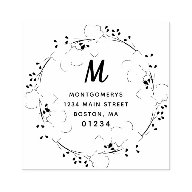 Floral Monogram Modern Script Return Address Rubber Stamp (Imprint)