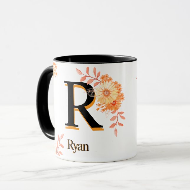 Floral Monogram Mug – Elegant Letter R Coffee Cup (Front Left)