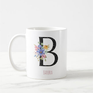 Floral Monogram Name B Black Polka Dot Coffee Mug