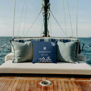 Floral Monogram Navy And White Custom Initial  Cushion