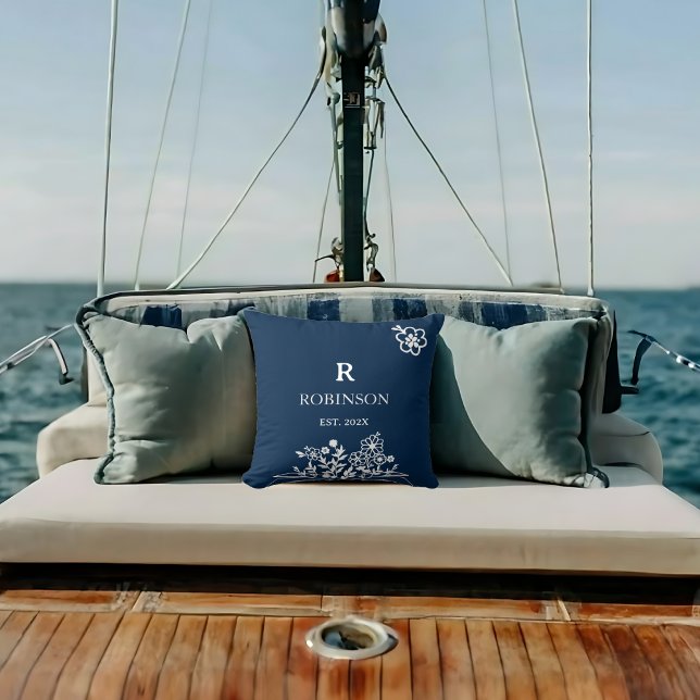 Floral Monogram Navy And White Custom Initial  Cushion (Floral Monogram Navy And White Custom Initial Throw Pillow)