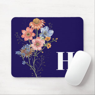 Floral Monogram Navy Blue Desk Accessory Mouse Pad
