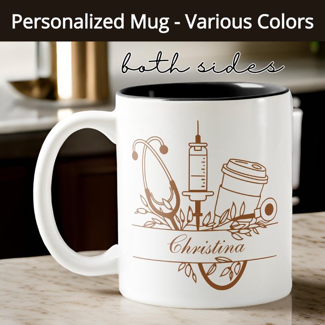 Floral Monogram Nurse Mug, Custom Medical Gift Two-Tone Coffee Mug (nurse graduation gift, nursing student gift, medical mug, custom nurse mug, nurse appreciation gift)