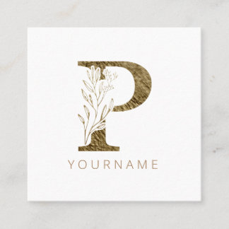 Floral Monogram P Elegant Gold Foliage Square Business Card