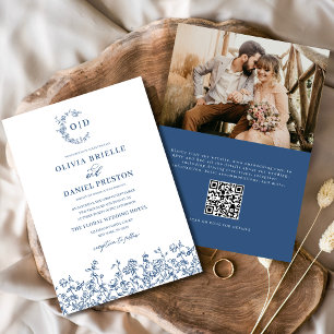 Floral Monogram Photo QR Code Navy Blue Wedding Invitation