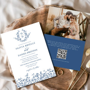 Floral Monogram Photo QR Code Navy Blue Wedding Invitation