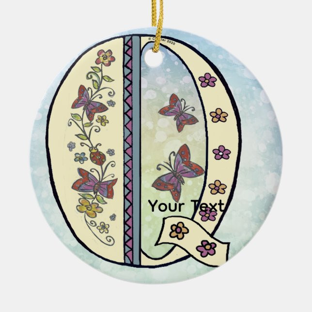 floral Monogram Q  Ceramic Tree Decoration (Front)