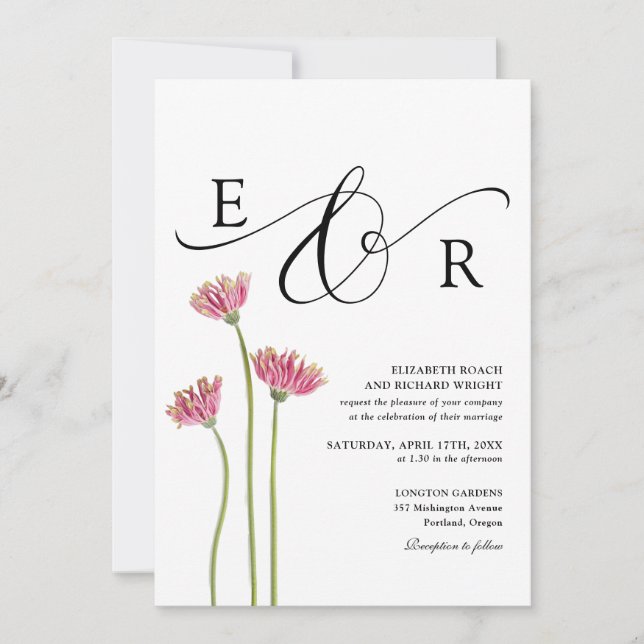 Floral Monogram QR Code Black And White Wedding Invitation (Front)