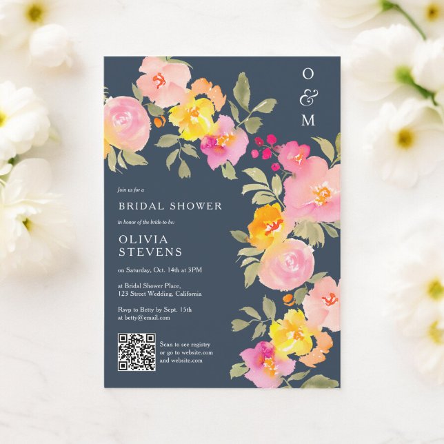 Floral monogram Qr code photo blue bridal shower Invitation (Floral monogram Qr code photo blue bridal shower Invitation)