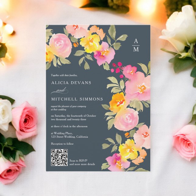 Floral monogram Qr code photo grey wedding Invitation (Floral monogram Qr code photo gray wedding Invitation)