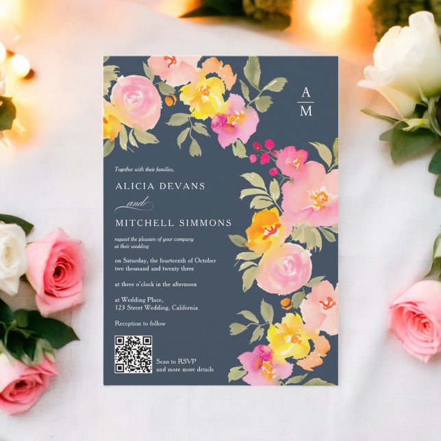 Floral monogram Qr code photo navy blue wedding Invitation (Floral monogram Qr code photo navy blue wedding Invitation)