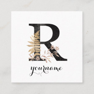 Floral Monogram R Black Gold Flora Square Business Card