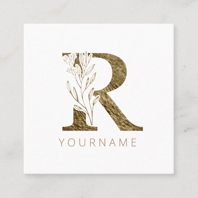 Floral Monogram R Elegant Gold Foliage Square Business Card (Front)