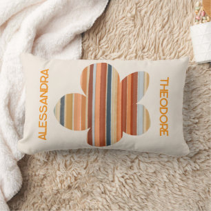 Floral monogram retro stripe 70s boho orange cream lumbar cushion