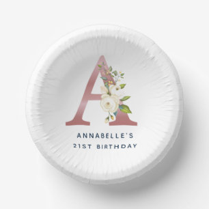 Floral Monogram Rose Gold Initial  21st Birthday Paper Plate