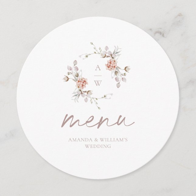 Floral Monogram Round Wedding Menu Card (Front)
