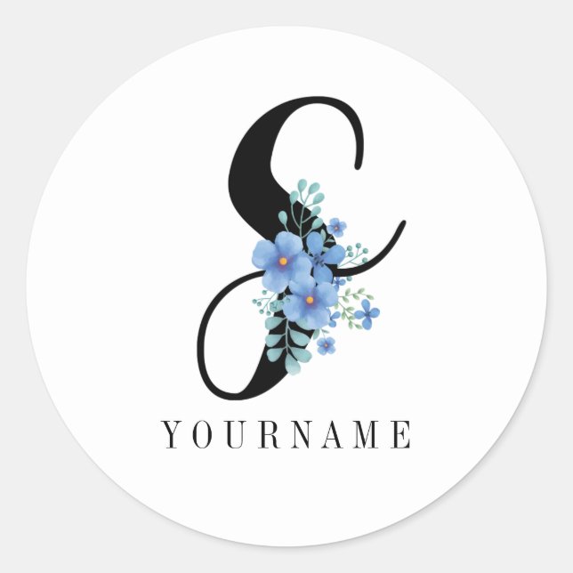 Floral Monogram S Blue Flower Burst Classic Round Sticker (Front)
