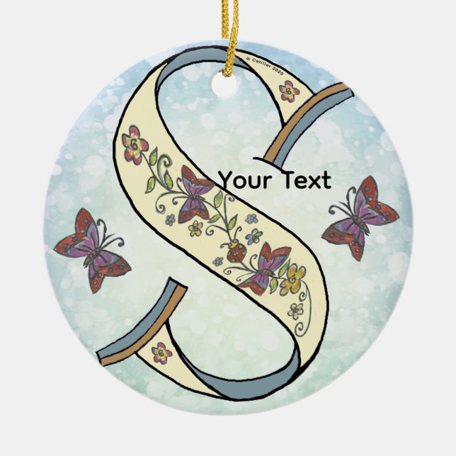 floral Monogram S Ceramic Tree Decoration (Front)