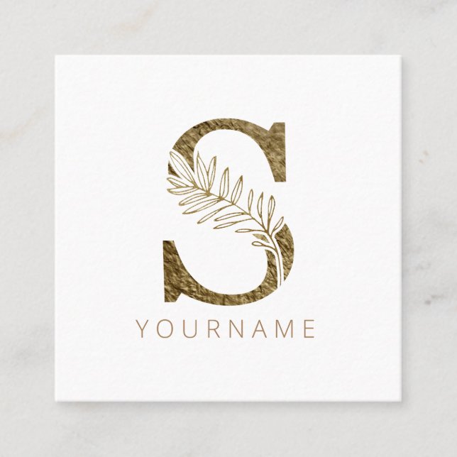 Floral Monogram S Elegant Gold Foliage Square Business Card (Front)