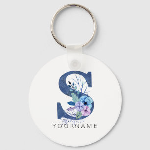 Floral Monogram S Winter Blue Blossoms Key Ring