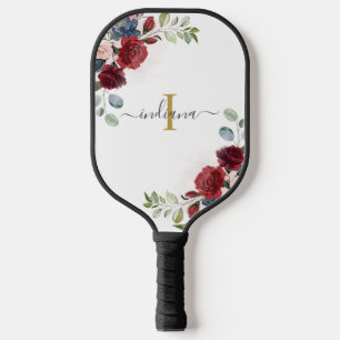 Floral Monogram Script Initial Name Burgundy Pickleball Paddle